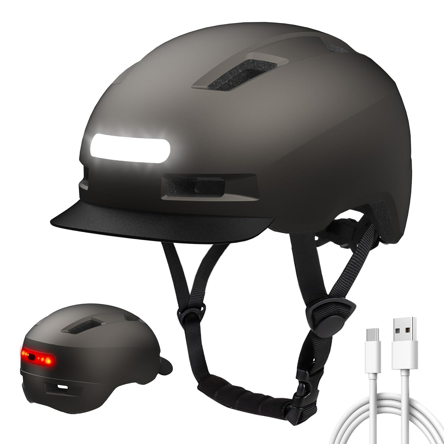 Bike Helmet Shinmax Adult Cycling Helmet with USB Rechargeable LED Front and Back Light Bicycle Helmets for Men Women Removable Visor Ebike Helmet for Mountain Road Biking (Titanium Gray Large)
