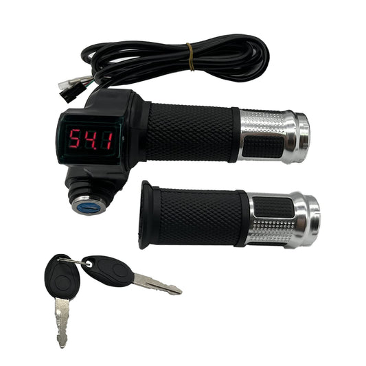 1 Pair EBike Throttle Grip Universal Electric Bicycle Scooter Twist Handlebar with LCD Battery Voltage Display Key Knock 12V-84V Electric Bike Throttle Grip for Motorbike Motorcycle E-Bike (Silver)